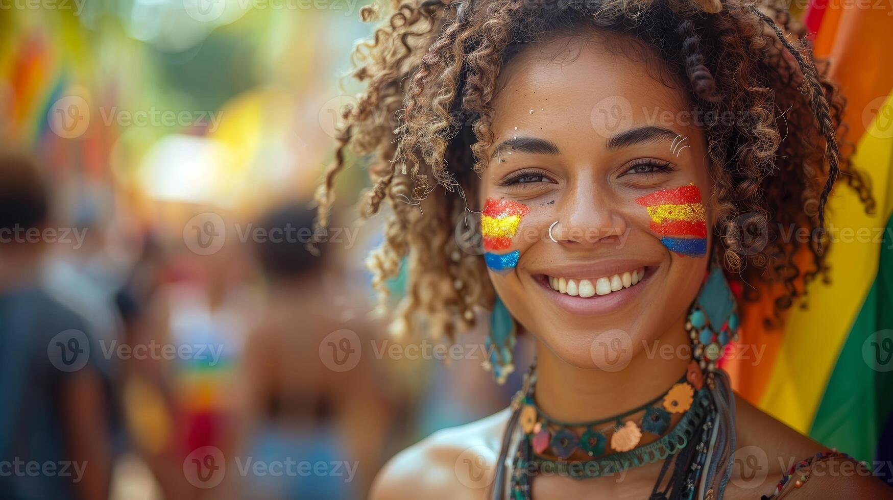 Embracing Non-Binary Identity at a Vibrant Pride Event - Young person with a non-binary flag face paint radiating confidence and pride. photo