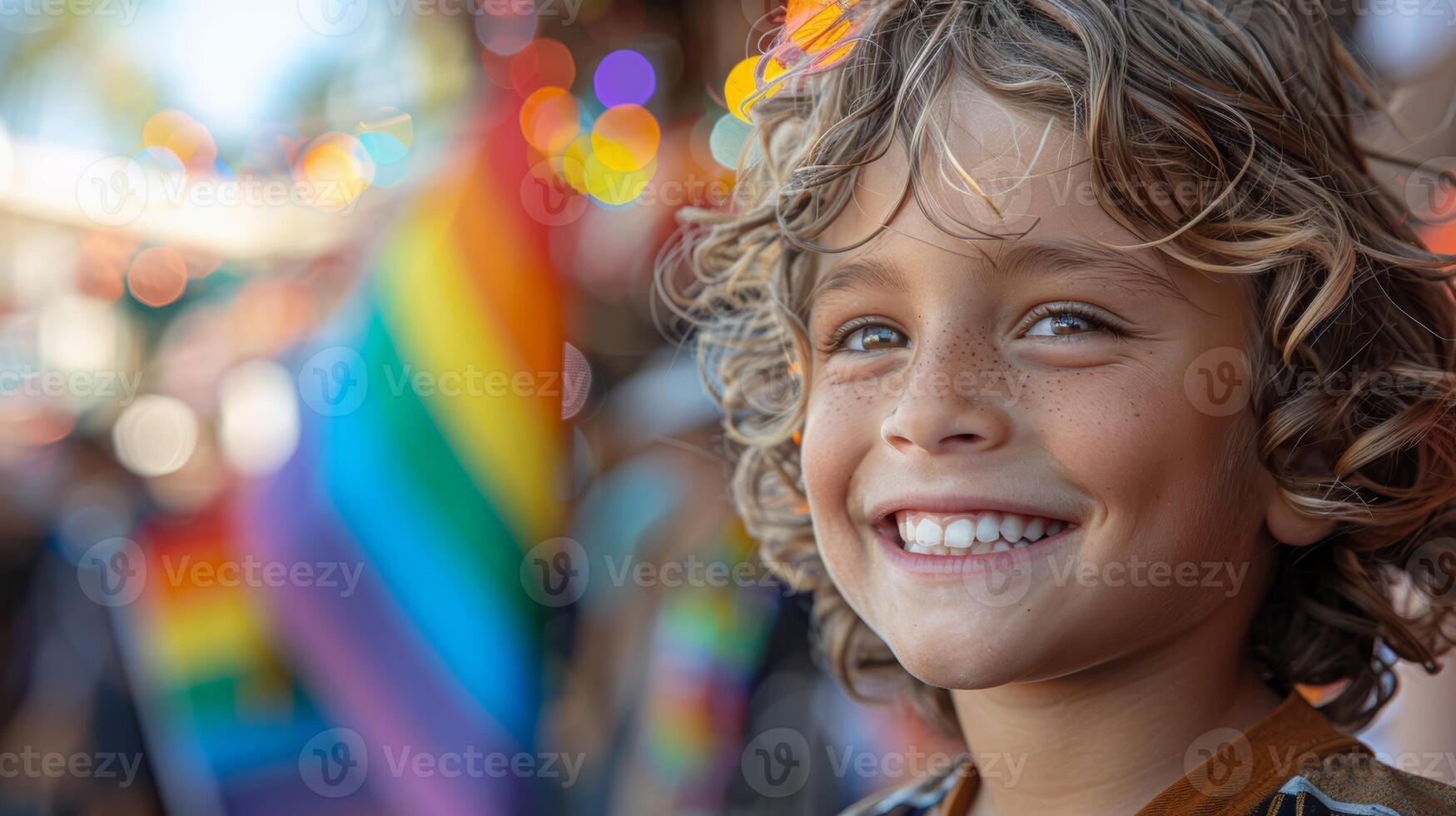 Bright Future Ahead - Happy Child Waving Rainbow Flag at Pride Parade Spreading Hope and Inclusivity for Future Generations photo