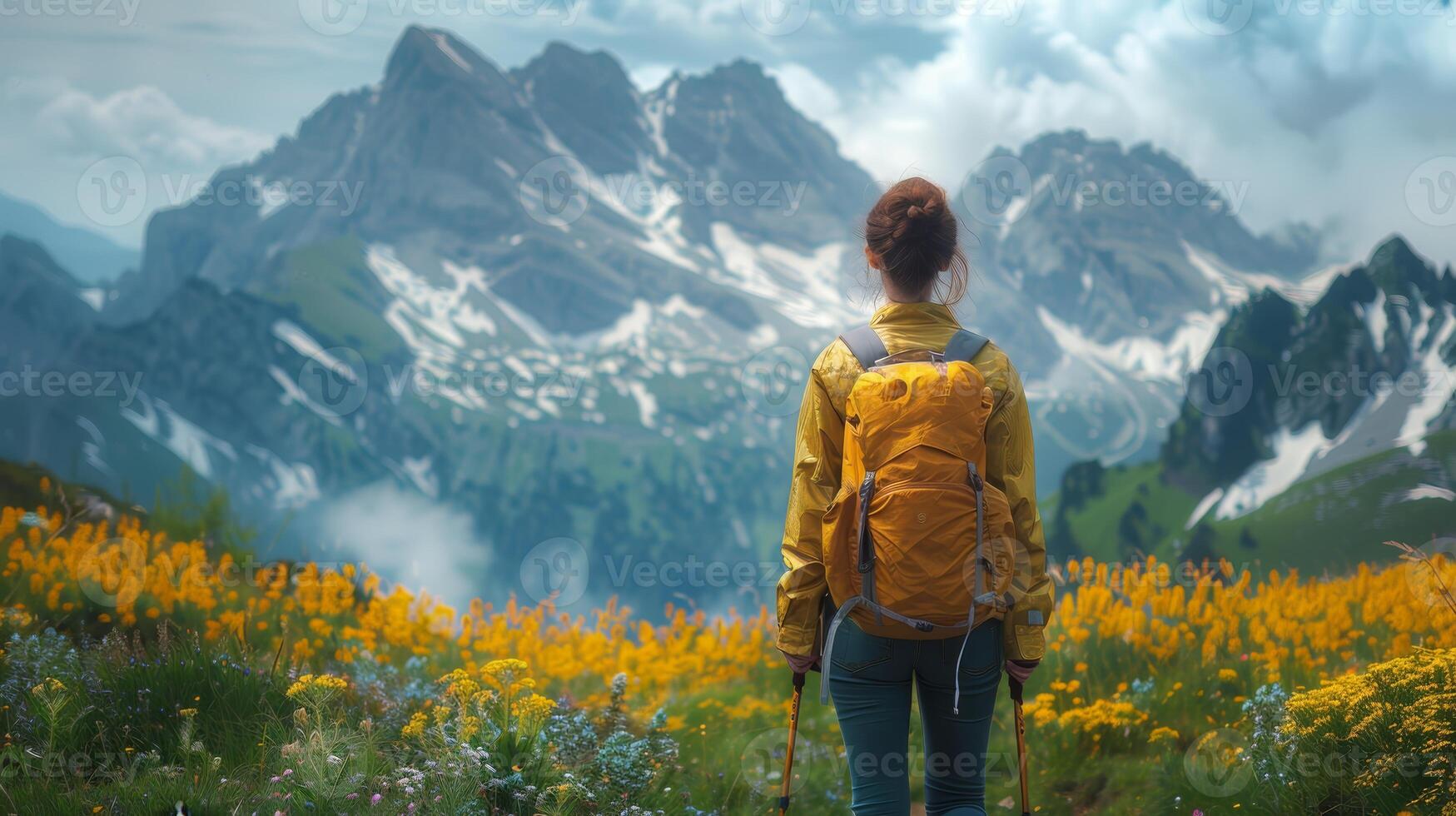 Embracing Nature's Beauty - Bisexual Woman Serenely Hiking in Mountain Landscape photo