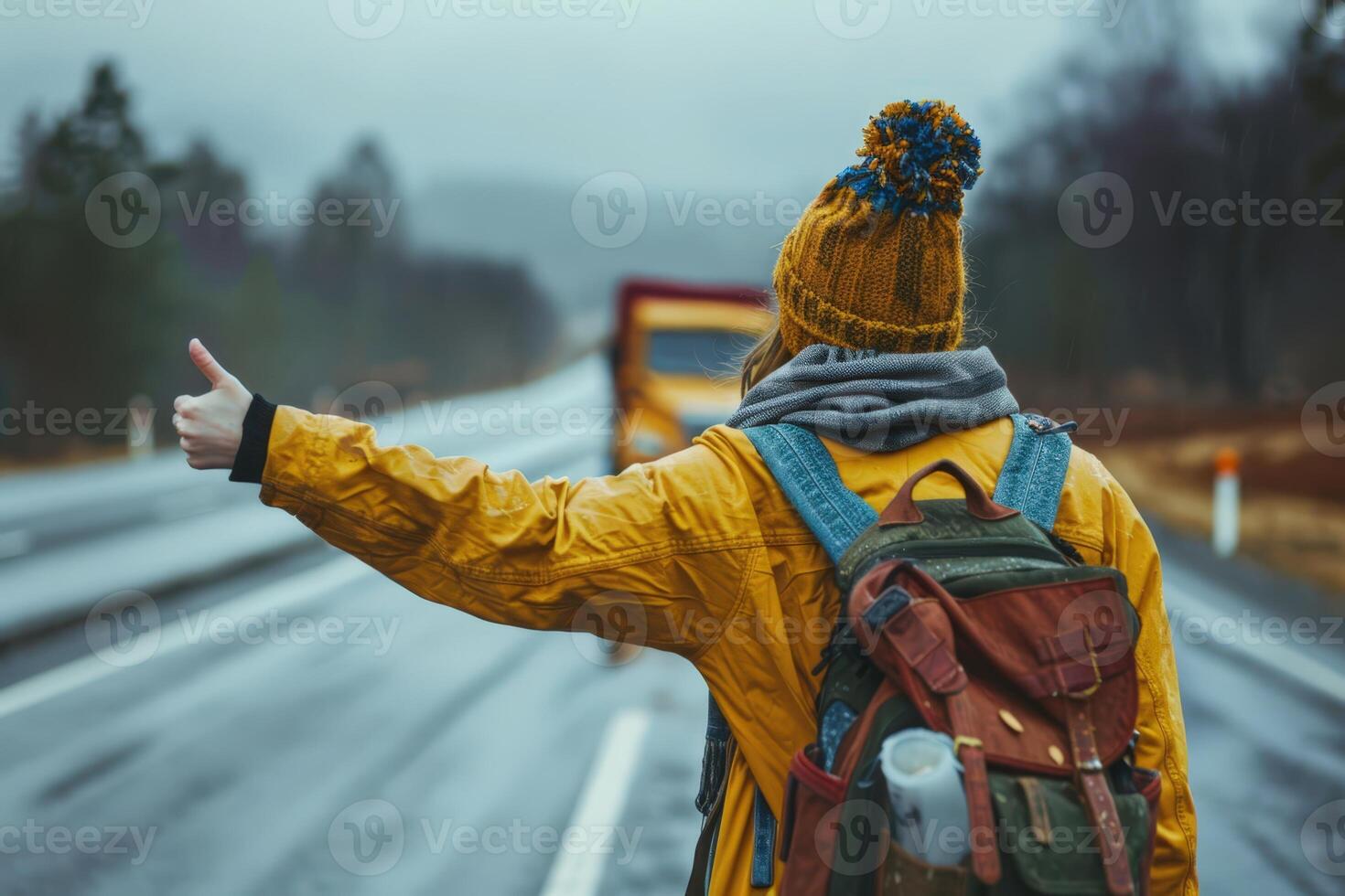 a woman with a backpack is standing on the side of the road with her thumb up photo