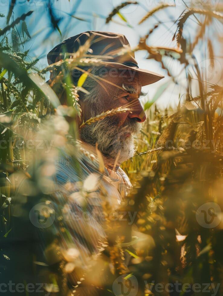 an old man in a hat and hat in a field of wheat photo