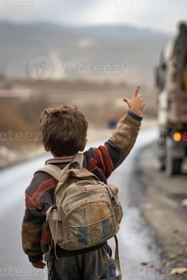 a young boy with a backpack standing on the side of the road photo