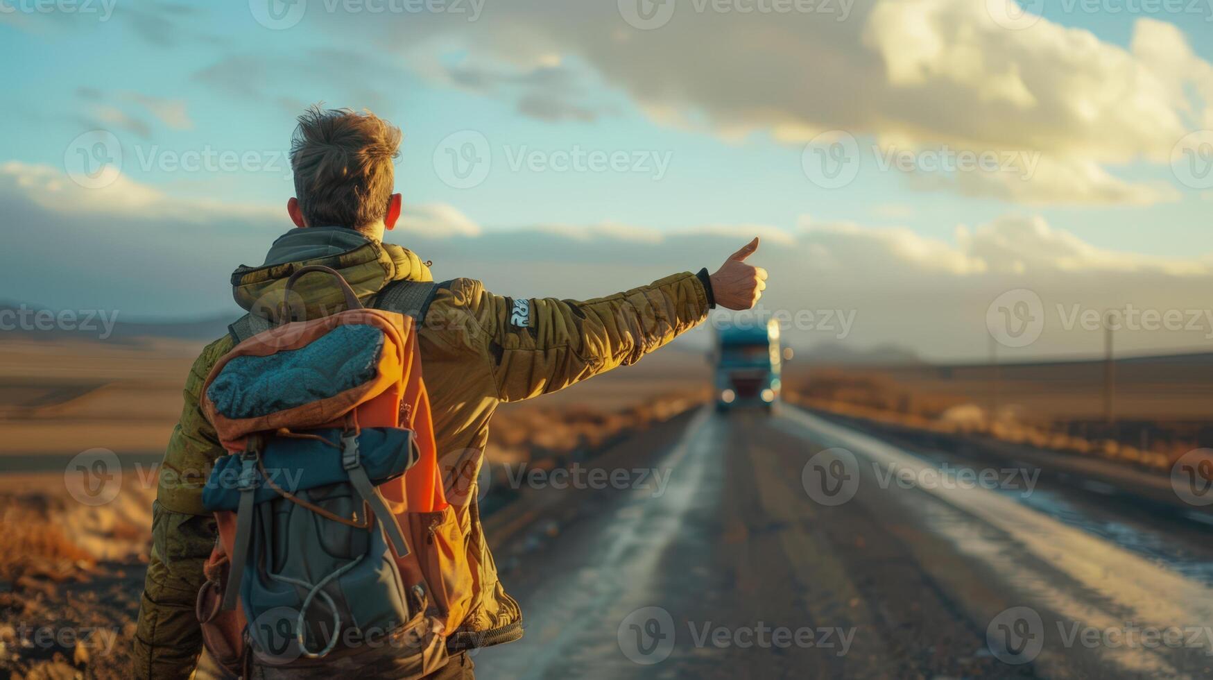 a man with a backpack on the road pointing at something photo