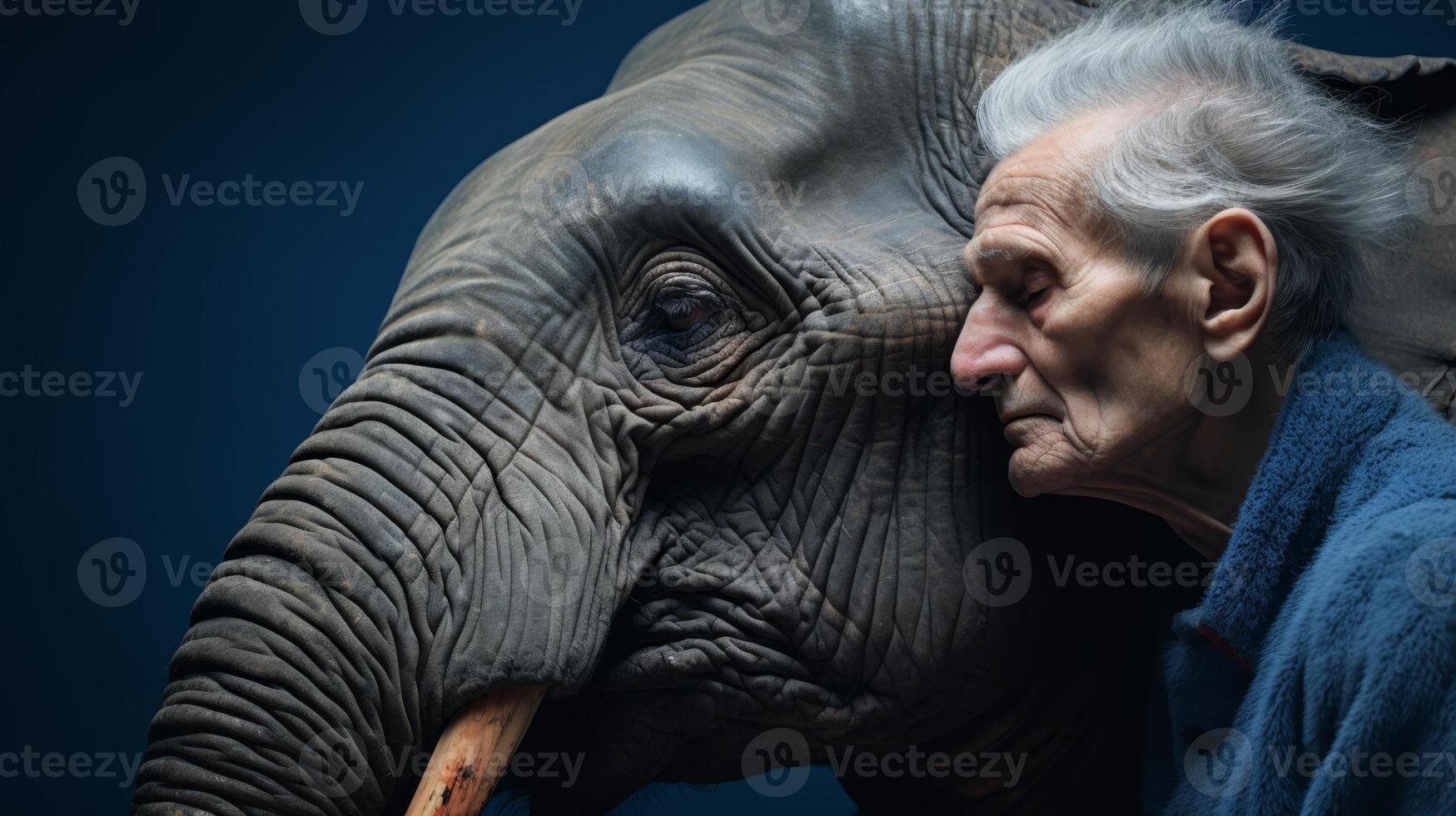 an elderly man is hugging an elephant photo