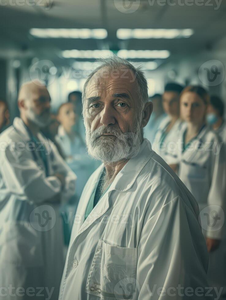 a man in a lab coat standing in a hospital hallway photo