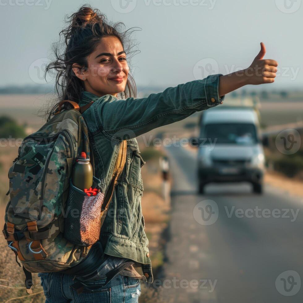 a woman with a backpack and a thumb up is standing on the side of the road photo