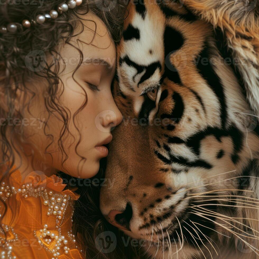 a girl is hugging a tiger photo