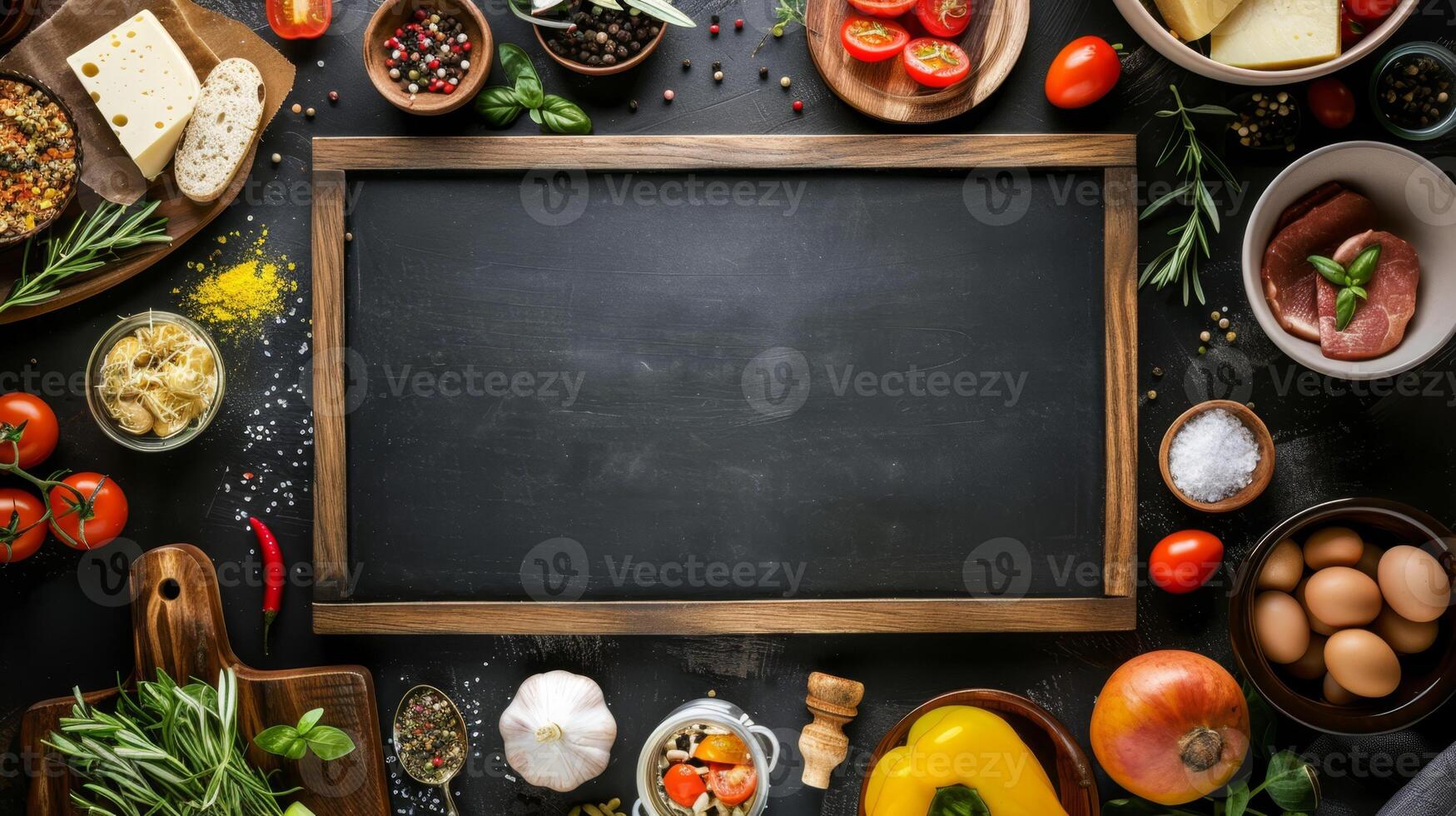 a blackboard with various ingredients and ingredients on a black background photo