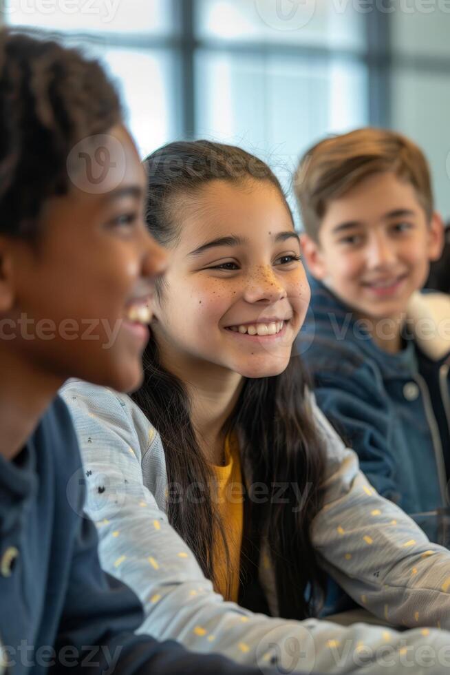 a group of children smiling while sitting at a table photo