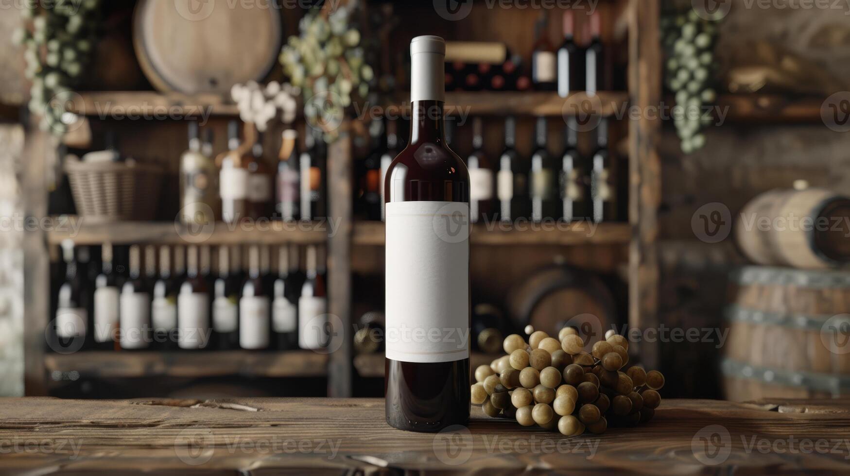 a bottle of wine sits on a wooden table in front of a wine rack photo