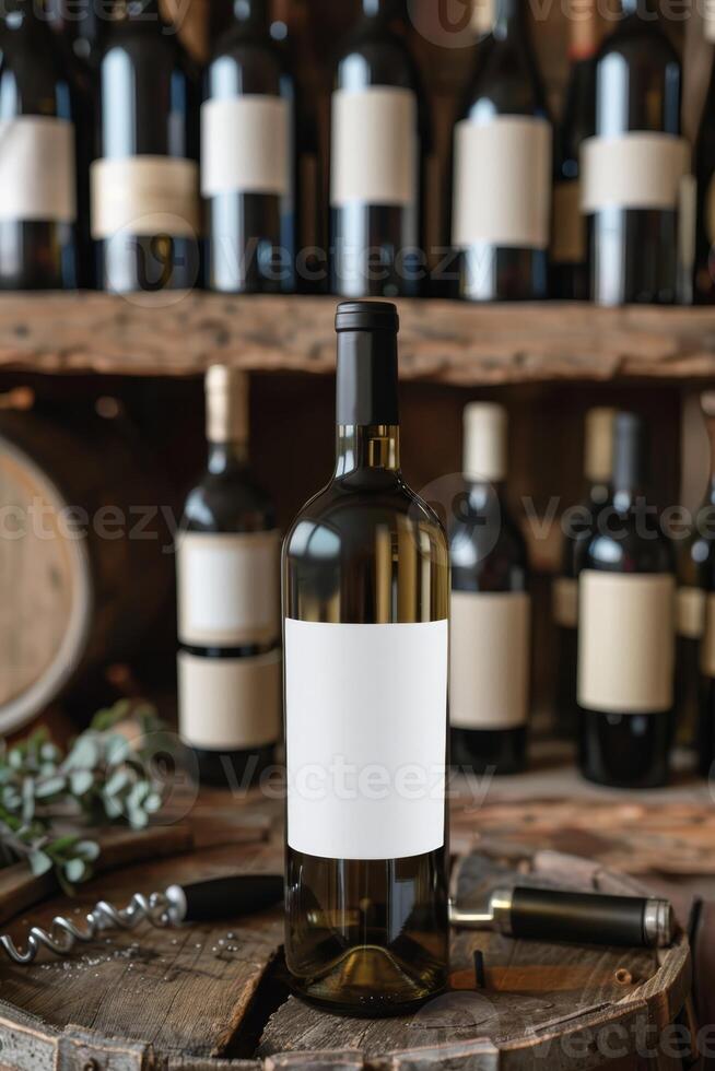 a bottle of wine sits on a wooden barrel photo