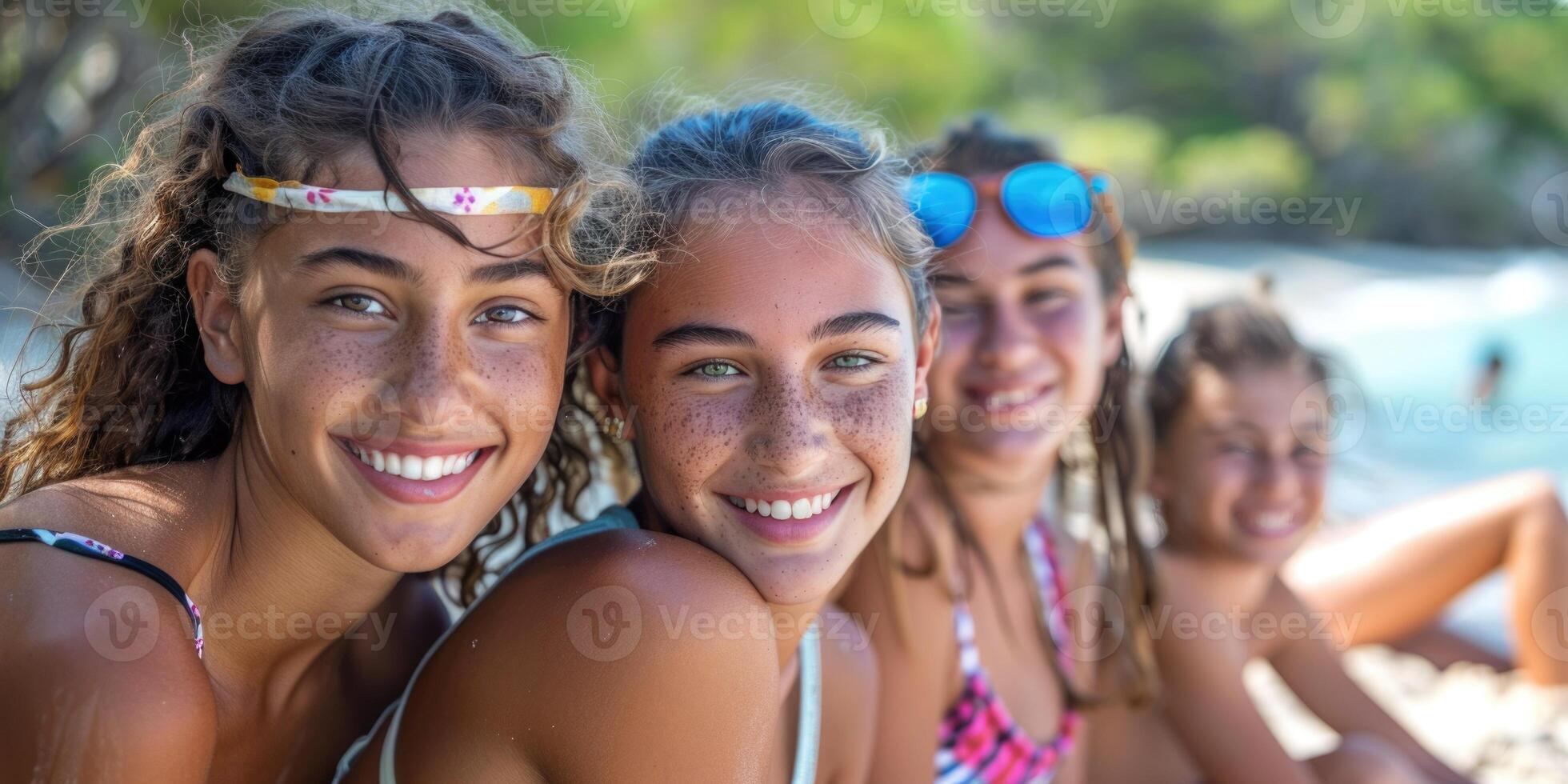 portrait of happy European teens relaxing on Okinawa beach. photo