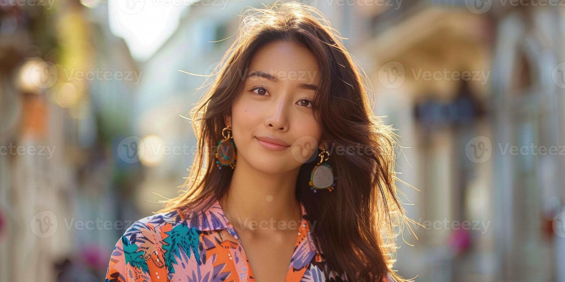 asian woman wearing bright patterned dress walking in the street. photo