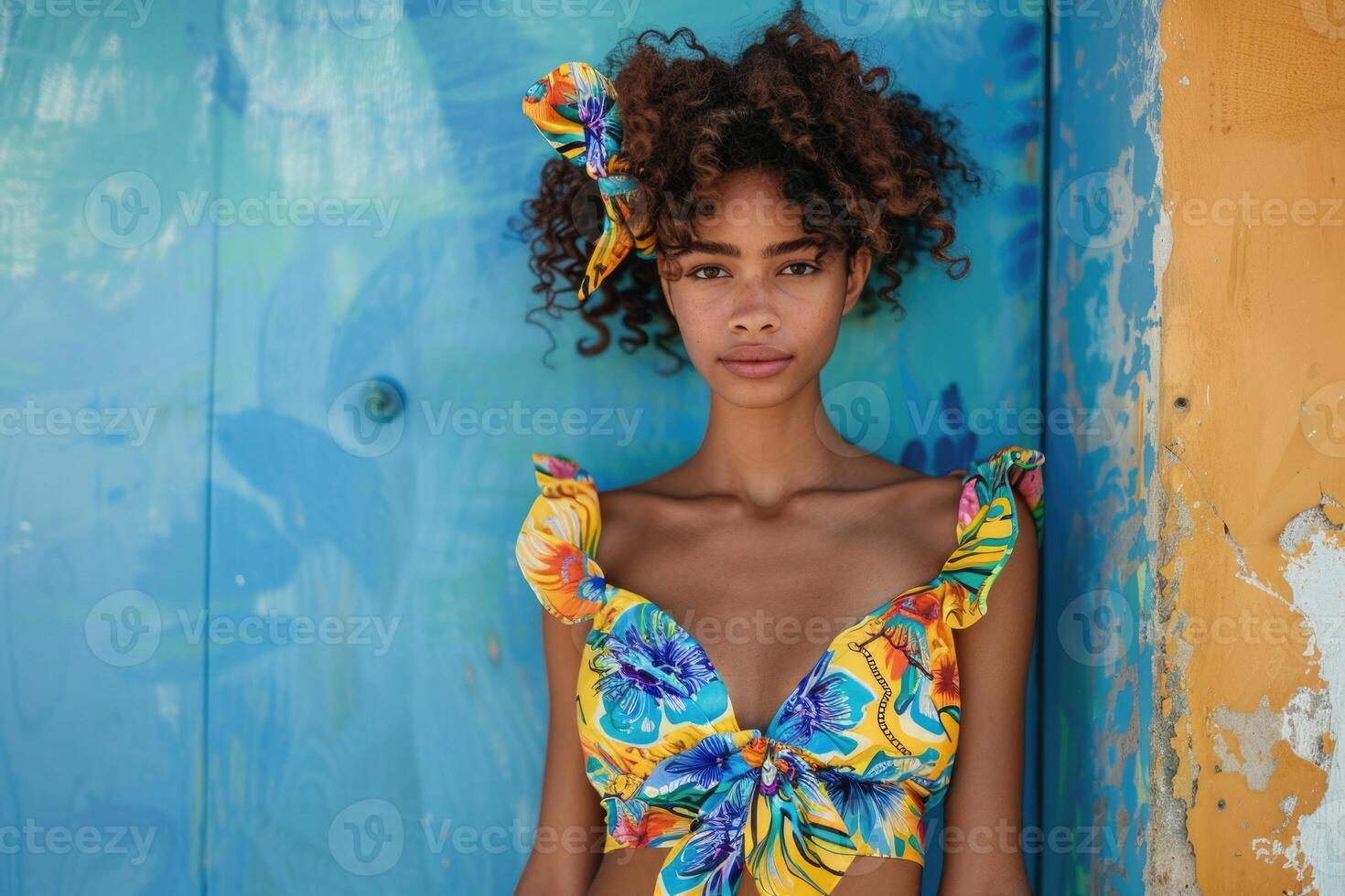 woman wearing bright patterned dress walking in the street. photo