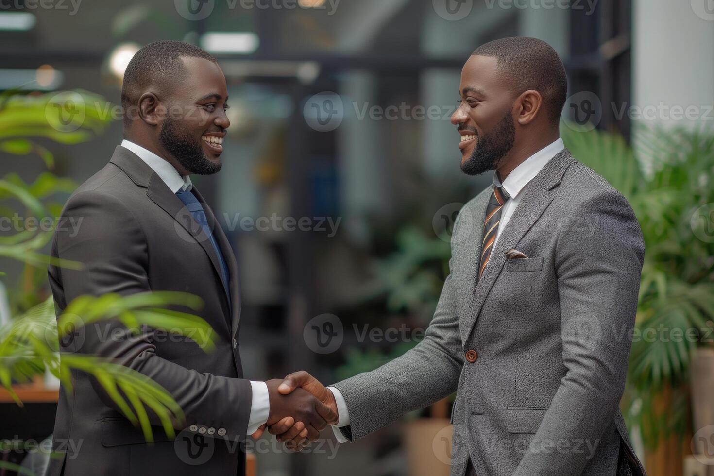 Two professional business men executive leaders shaking hands at office meeting, photo