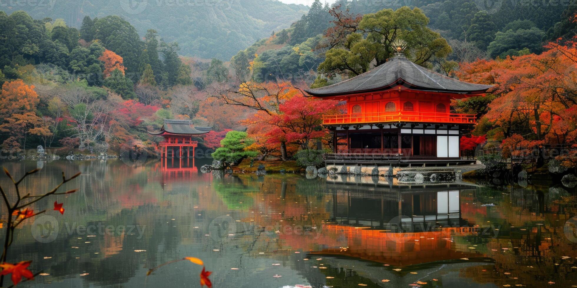 beautiful pagoda and lake fall colors in Japan. photo