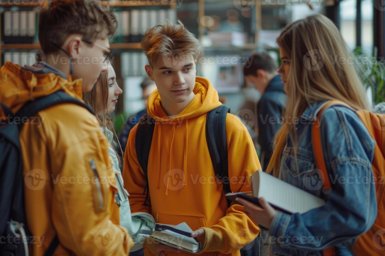 group of students discussing study standing in classroom. photo