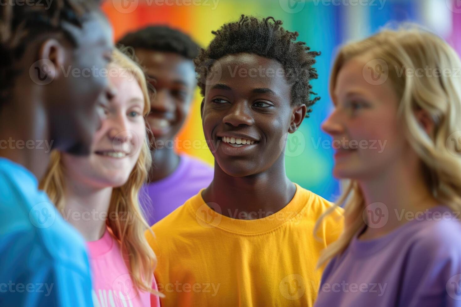 group of students discussing study standing in classroom. photo