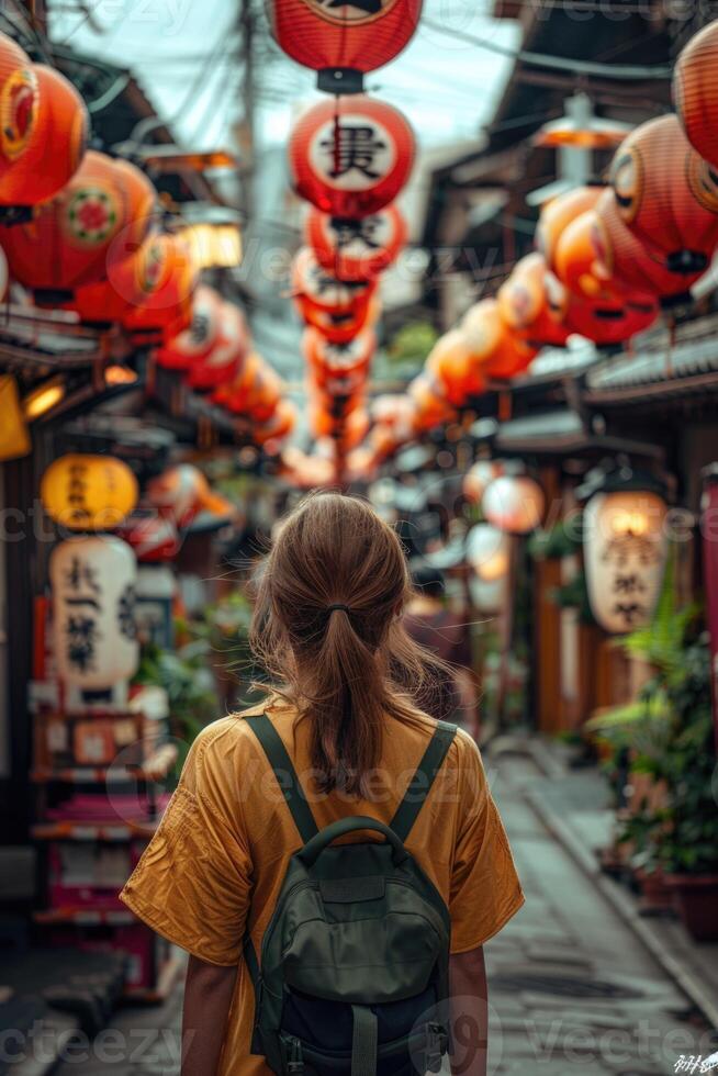 asian woman traveling in traditional japanese city Kyoto in momiji season. photo