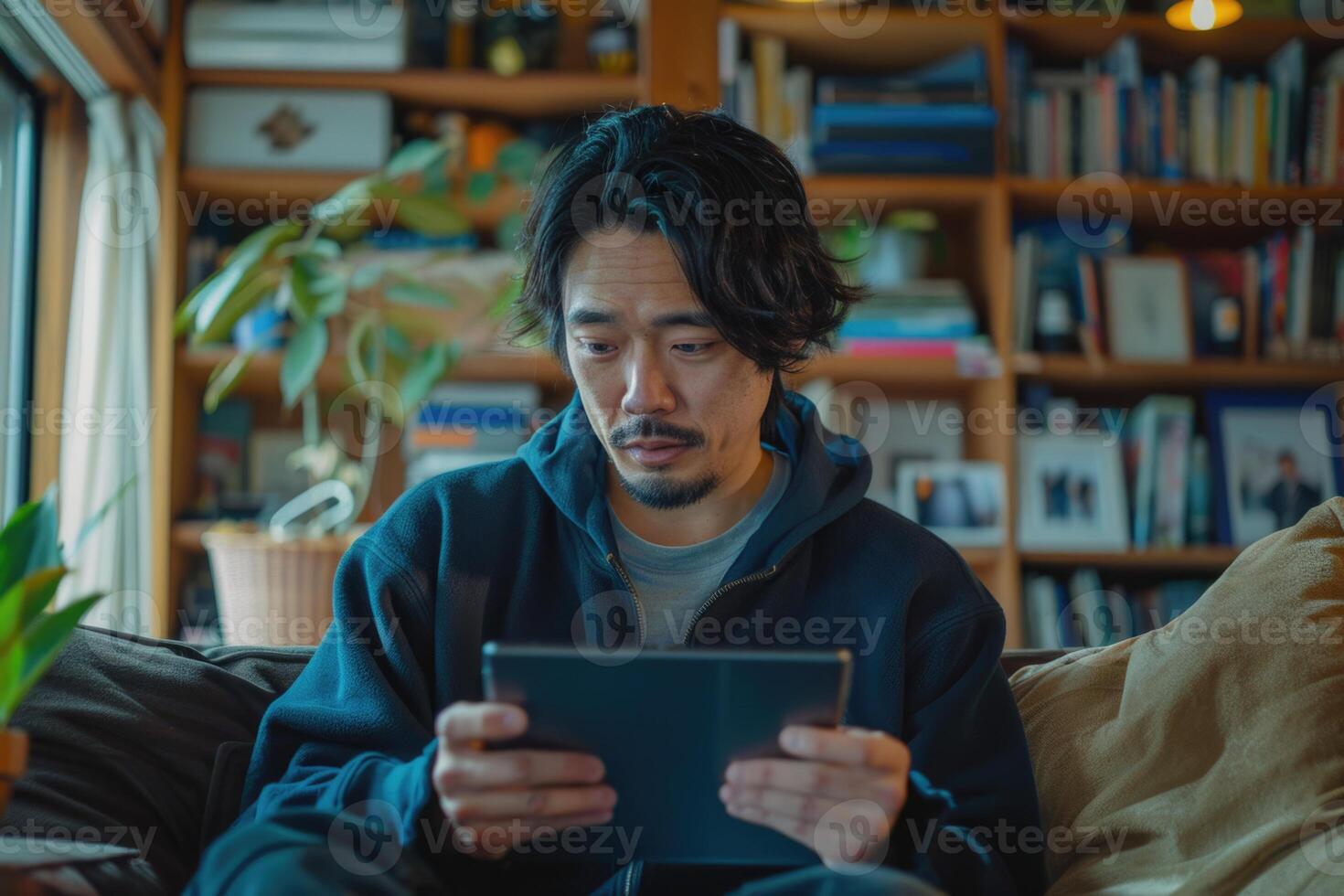 Handsome Asian man using digital tablet sitting on sofa at home. photo