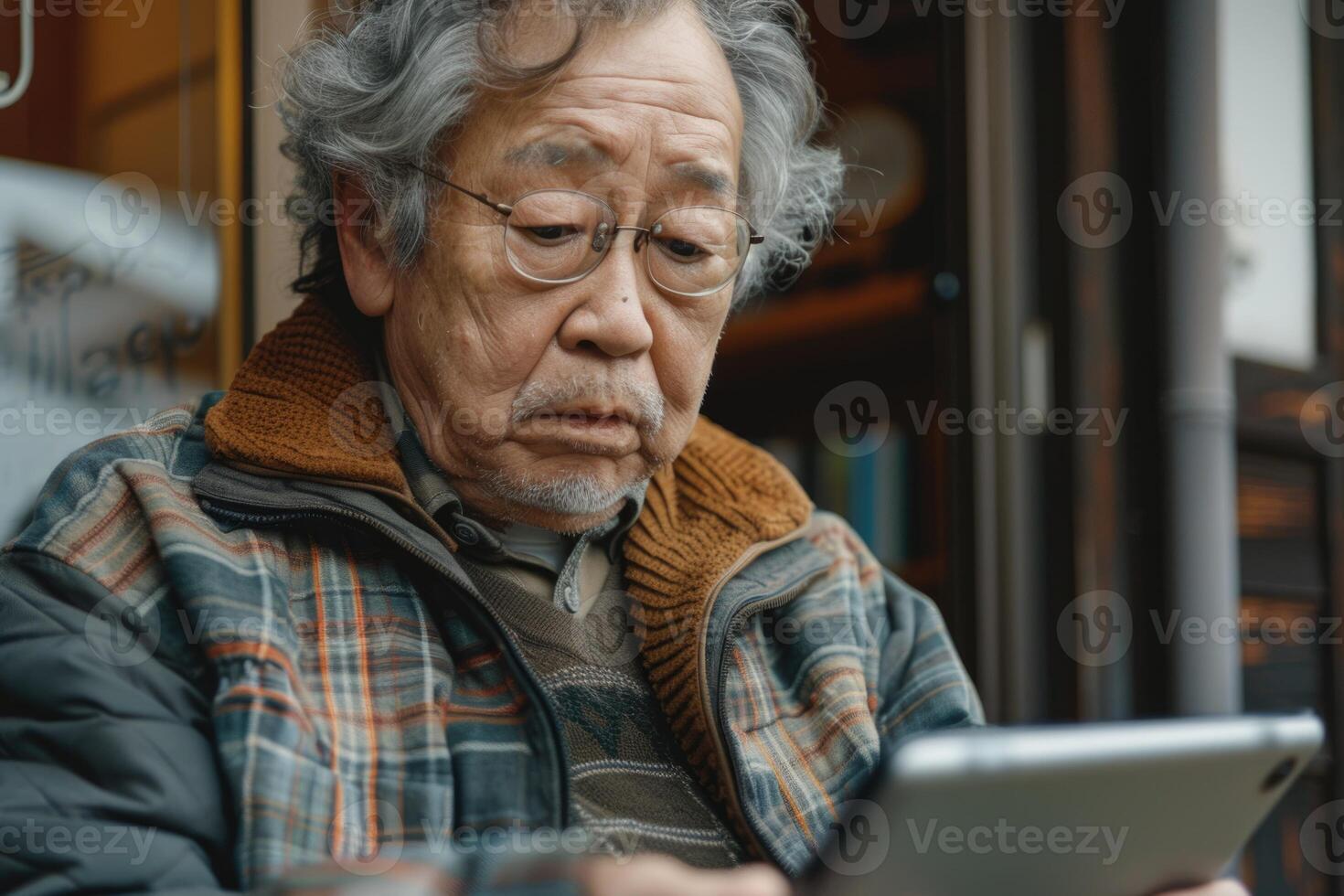 Handsome Asian man using digital tablet sitting on sofa at home. photo