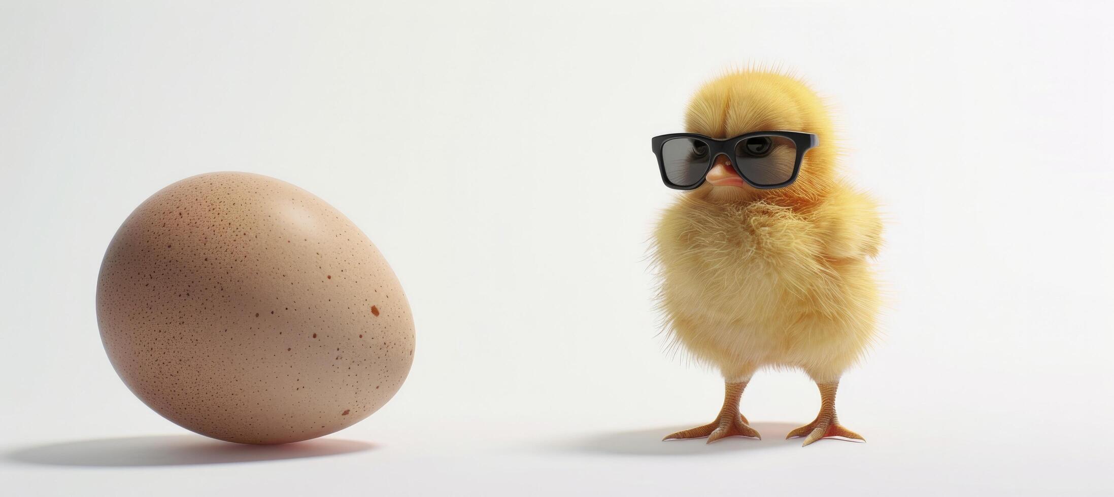 yellow chick with sunglasses on white background standing next to an egg, photo