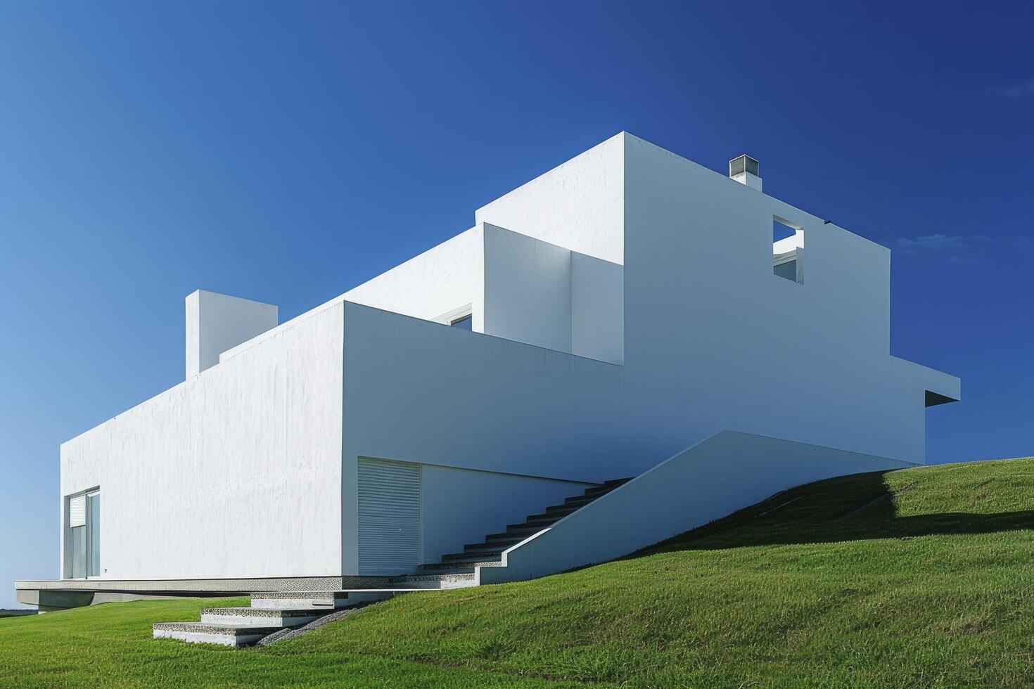 white colour modern structured house with empty grass field infront it and blue sky background photo