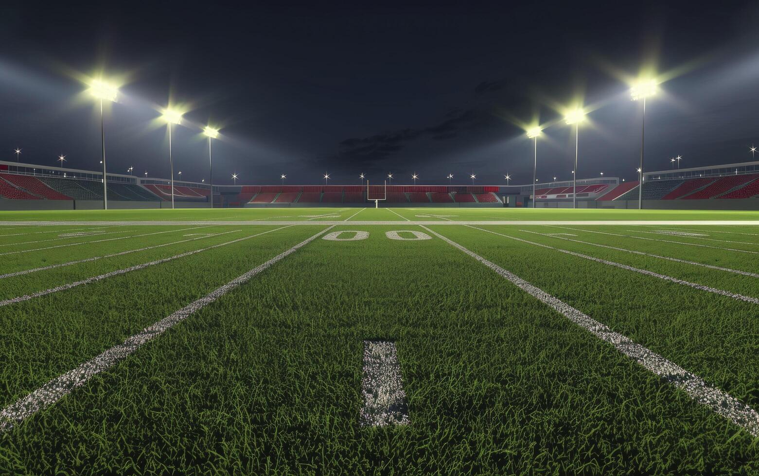 empty stadium with grass field bright and lights in the background at night time photo