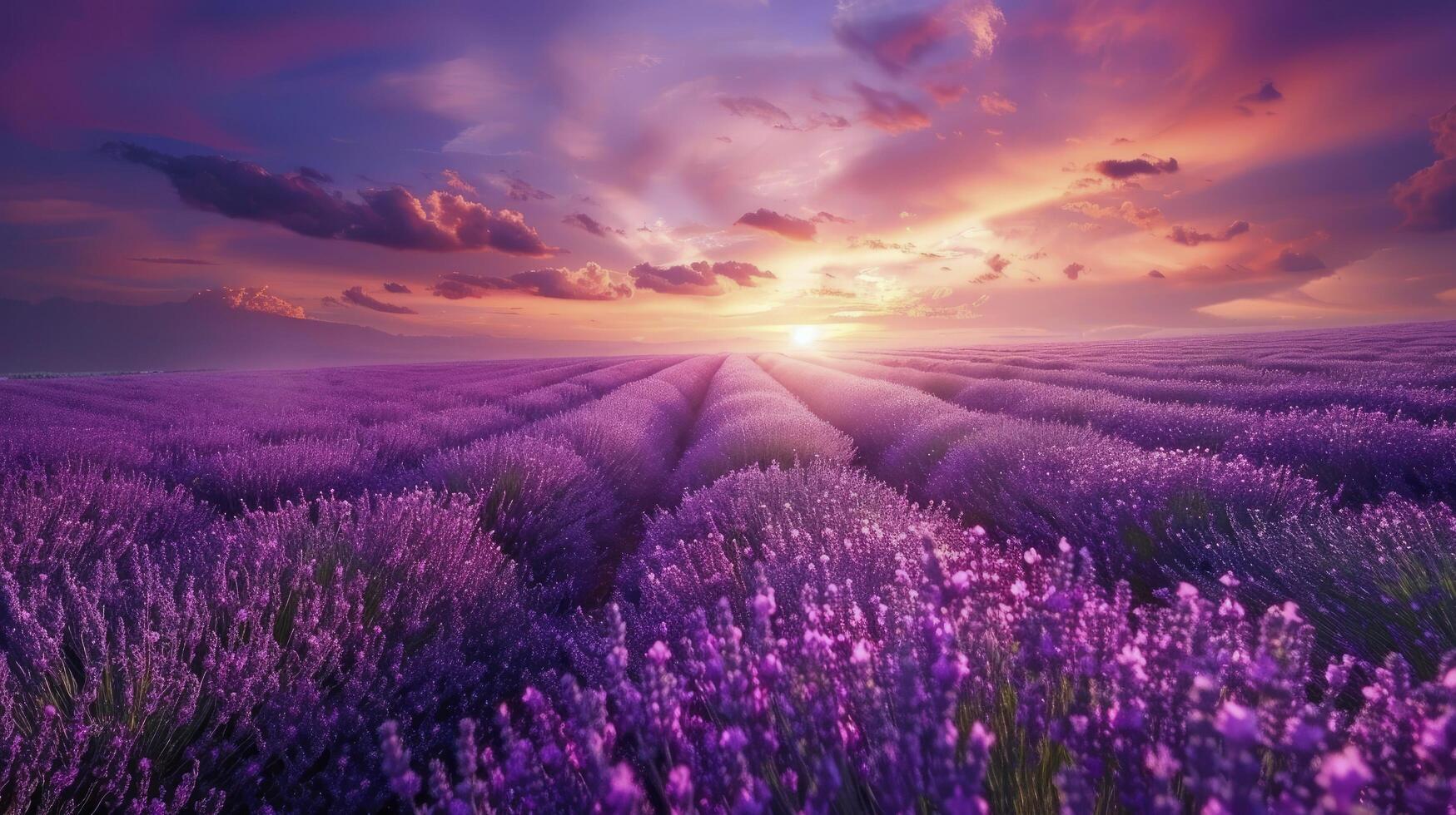 A vast lavender field under the twilight sky with rows of purple flowers photo