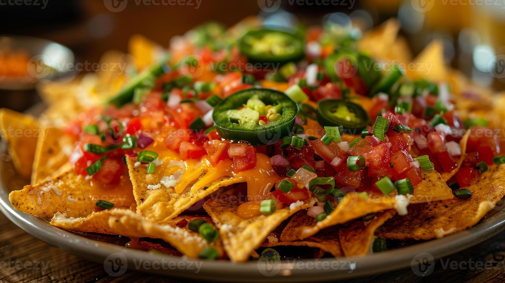 Close-up of a delicious plate of nachos topped with cheese, jalapenos, and salsa photo