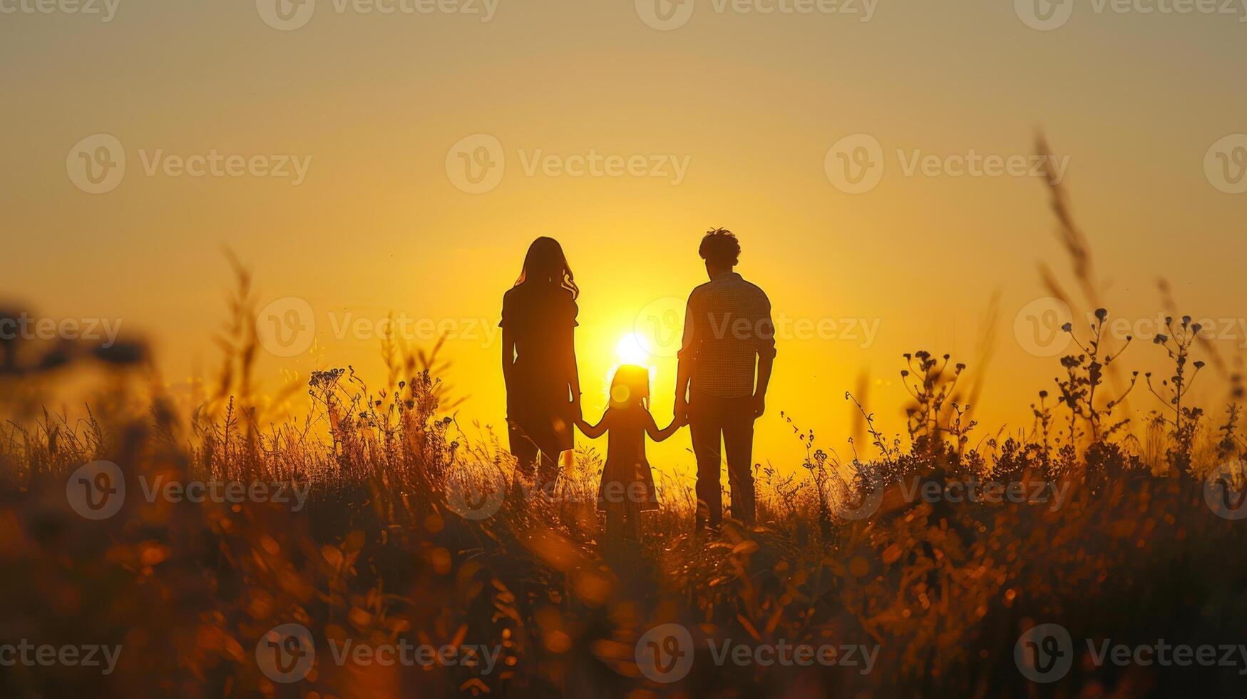 Silhouette of a family watching the sunset together, creating a warm and loving atmosphere photo