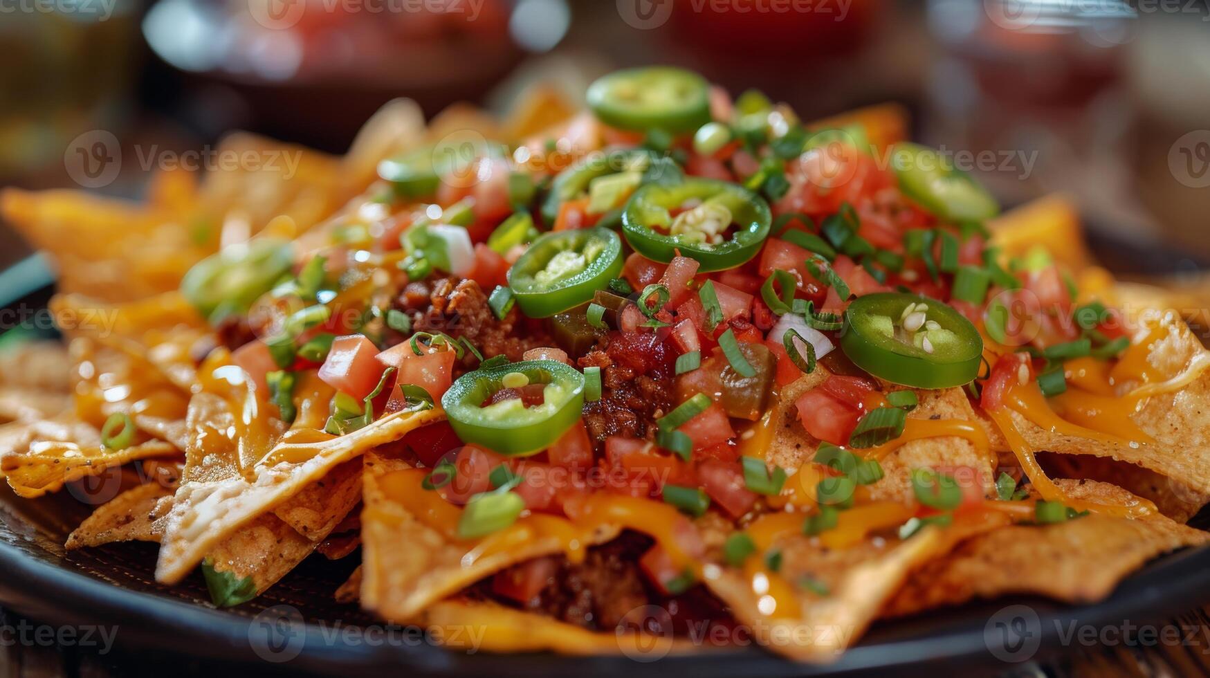 Close-up of a delicious plate of nachos topped with cheese, jalapenos, and salsa photo