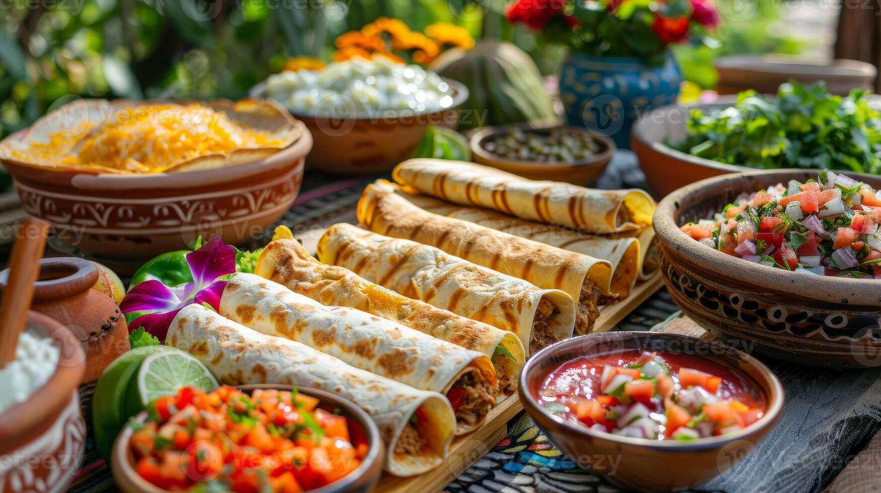 Table set with a variety of Mexican antojitos appetizers like quesadillas and flautas photo