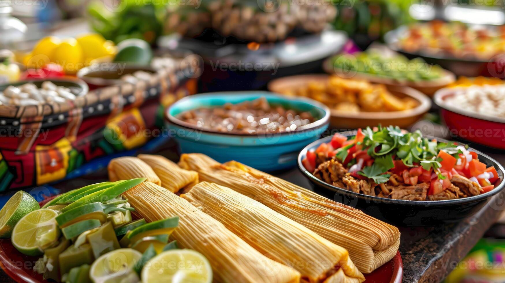 Colorful array of traditional Mexican dishes including tacos, tamales, and enchiladas photo