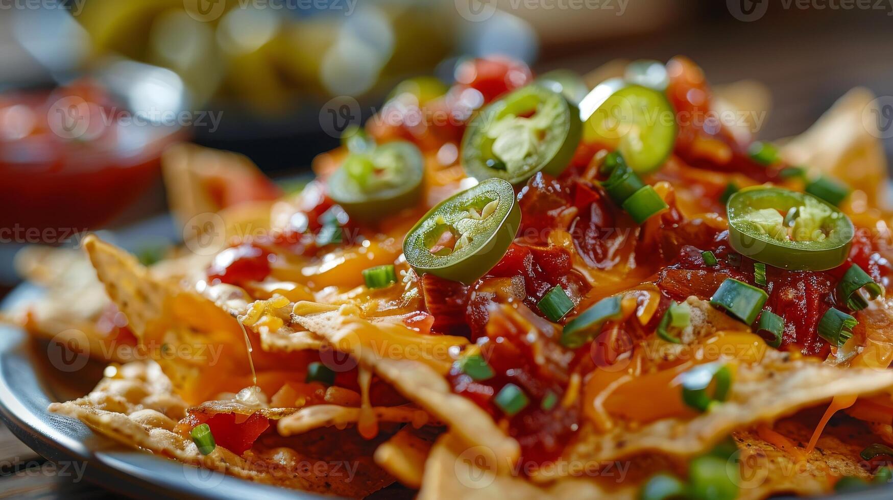 Close-up of a delicious plate of nachos topped with cheese, jalapenos, and salsa photo