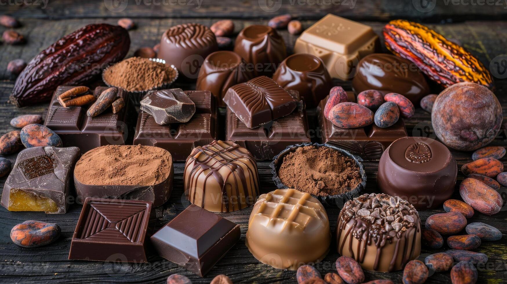A close-up of various artisanal chocolates arranged aesthetically on a wooden table surrounded by cocoa beans and cacao pods photo