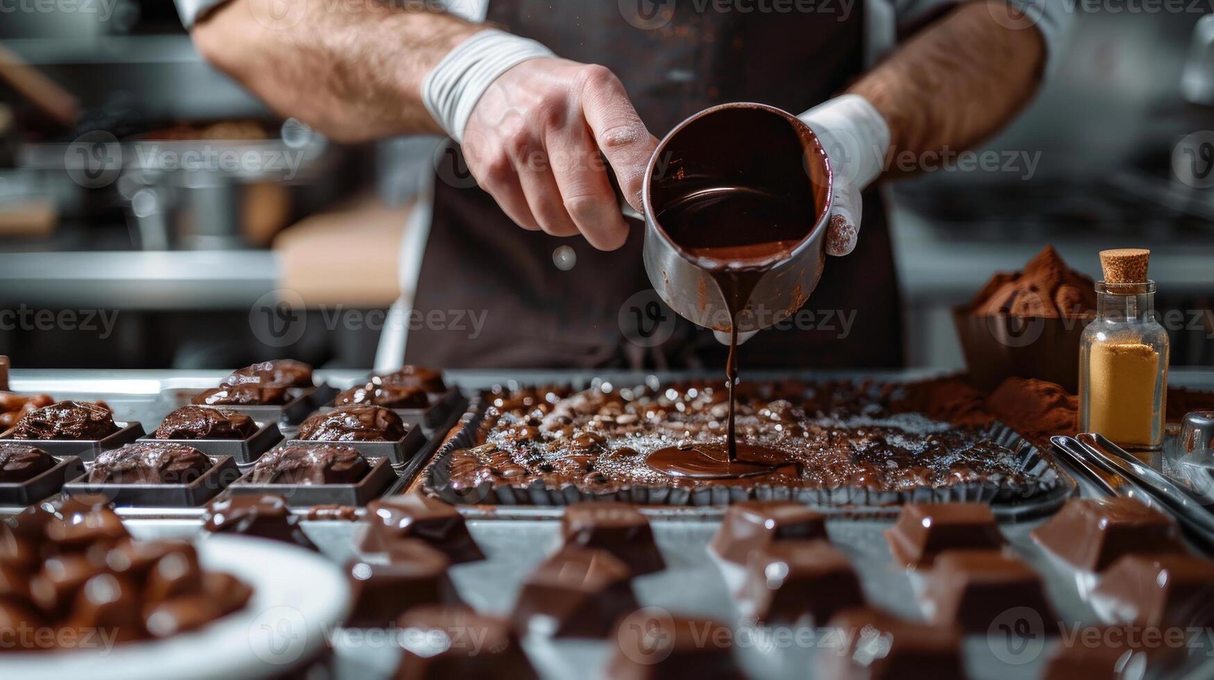 A skilled chocolatier in a modern kitchen pouring melted chocolate into molds, with tools and ingredients around photo
