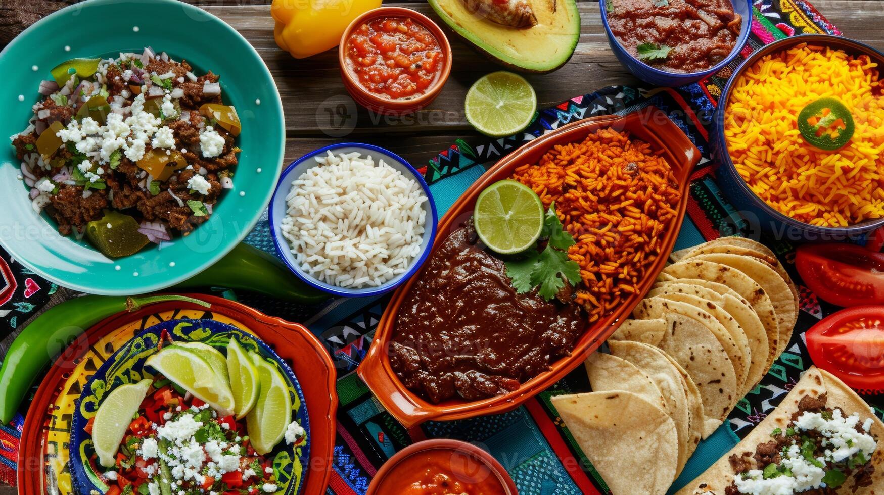 Festive table set with Mexican dishes for a celebration, including mole poblano and rice photo
