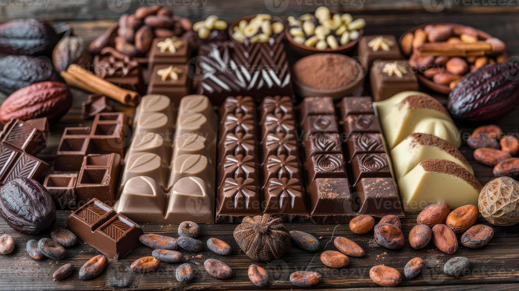 A close-up of various artisanal chocolates arranged aesthetically on a wooden table surrounded by cocoa beans and cacao pods photo