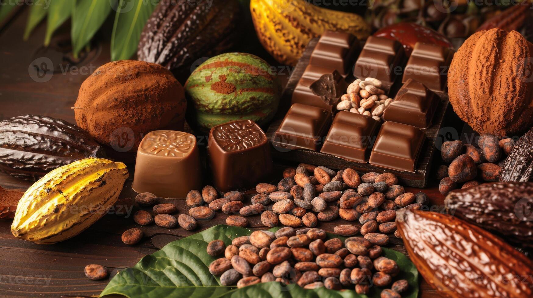 A close-up of various artisanal chocolates arranged aesthetically on a wooden table surrounded by cocoa beans and cacao pods photo