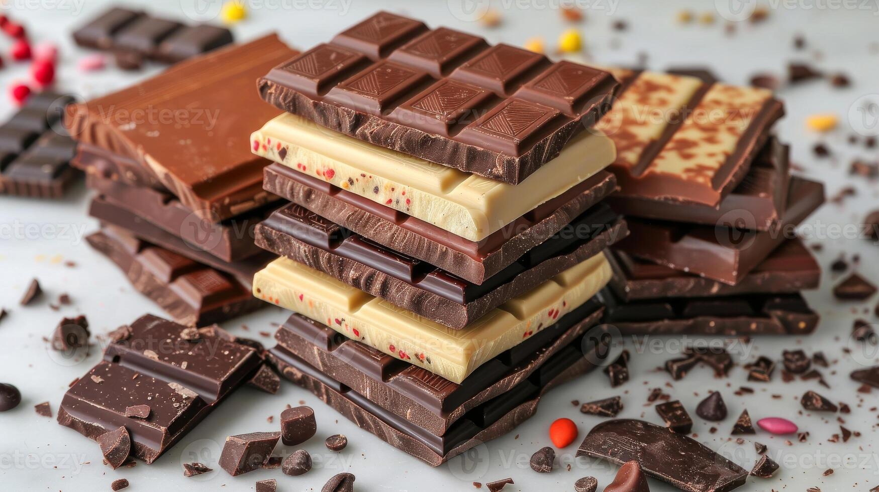 A stack of assorted chocolate bars in various flavors and colors, neatly arranged with pieces of chocolate scattered around photo