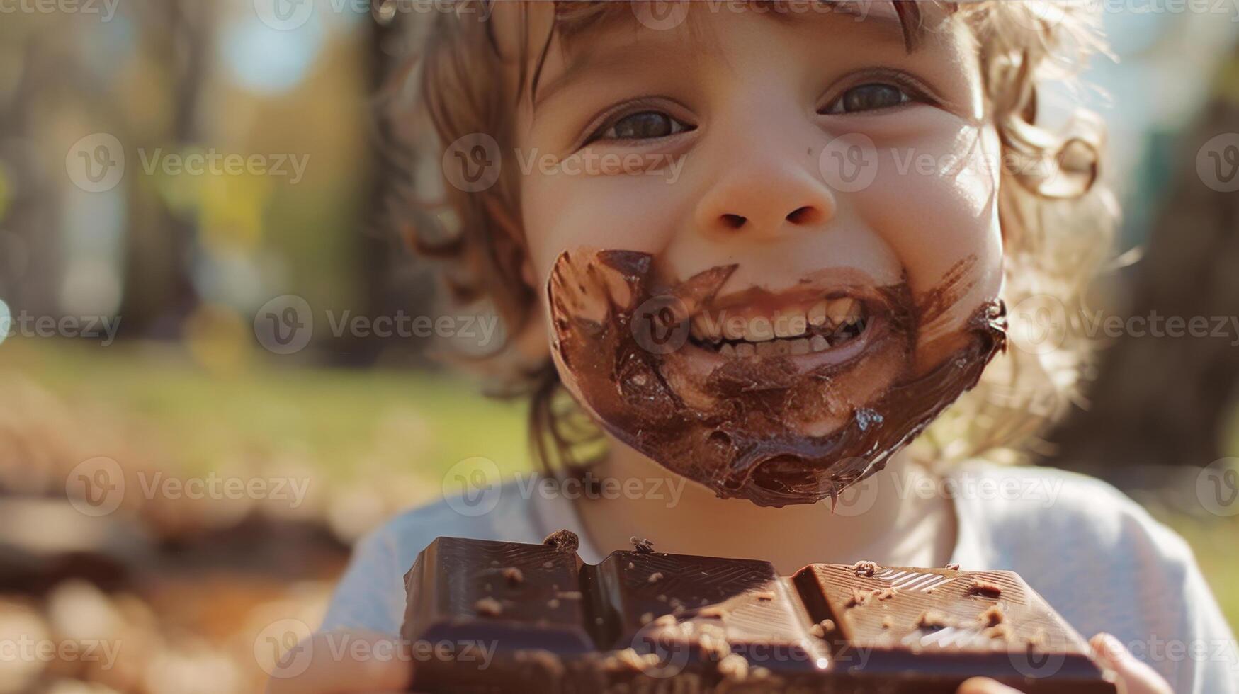 A child with chocolate-smeared hands and face enjoying a chocolate bar in a sunny park photo