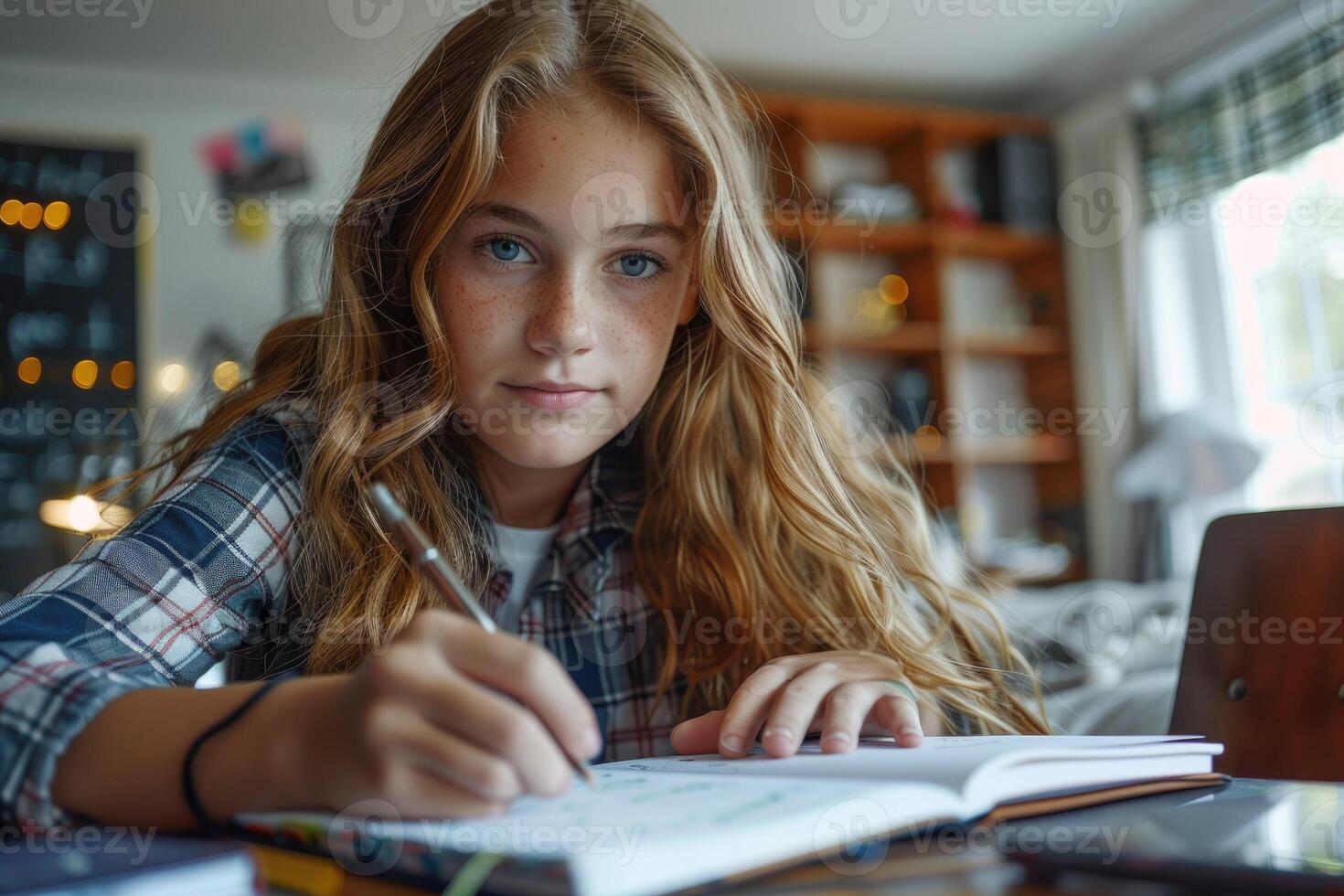 TEENAGE girl SITTING AT THE DESK in the library WRITING homework. photo