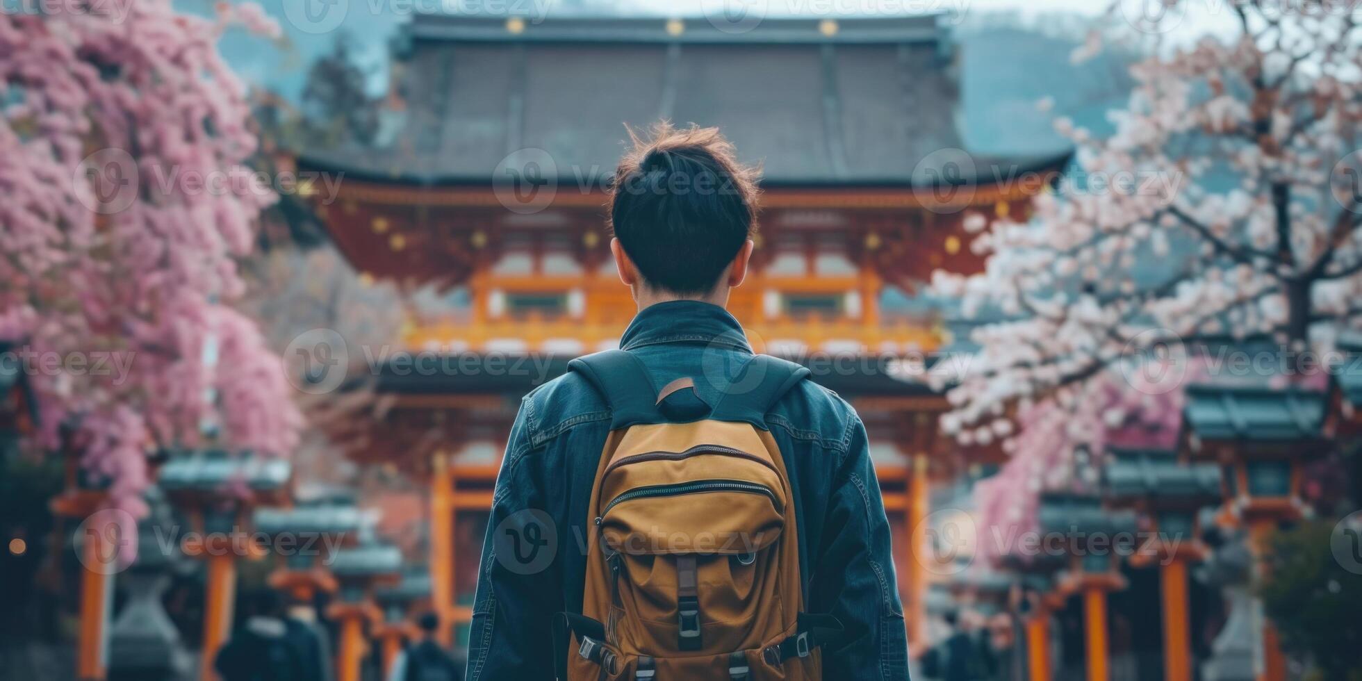 man traveling in traditional japanese city Kyoto in momiji season. photo