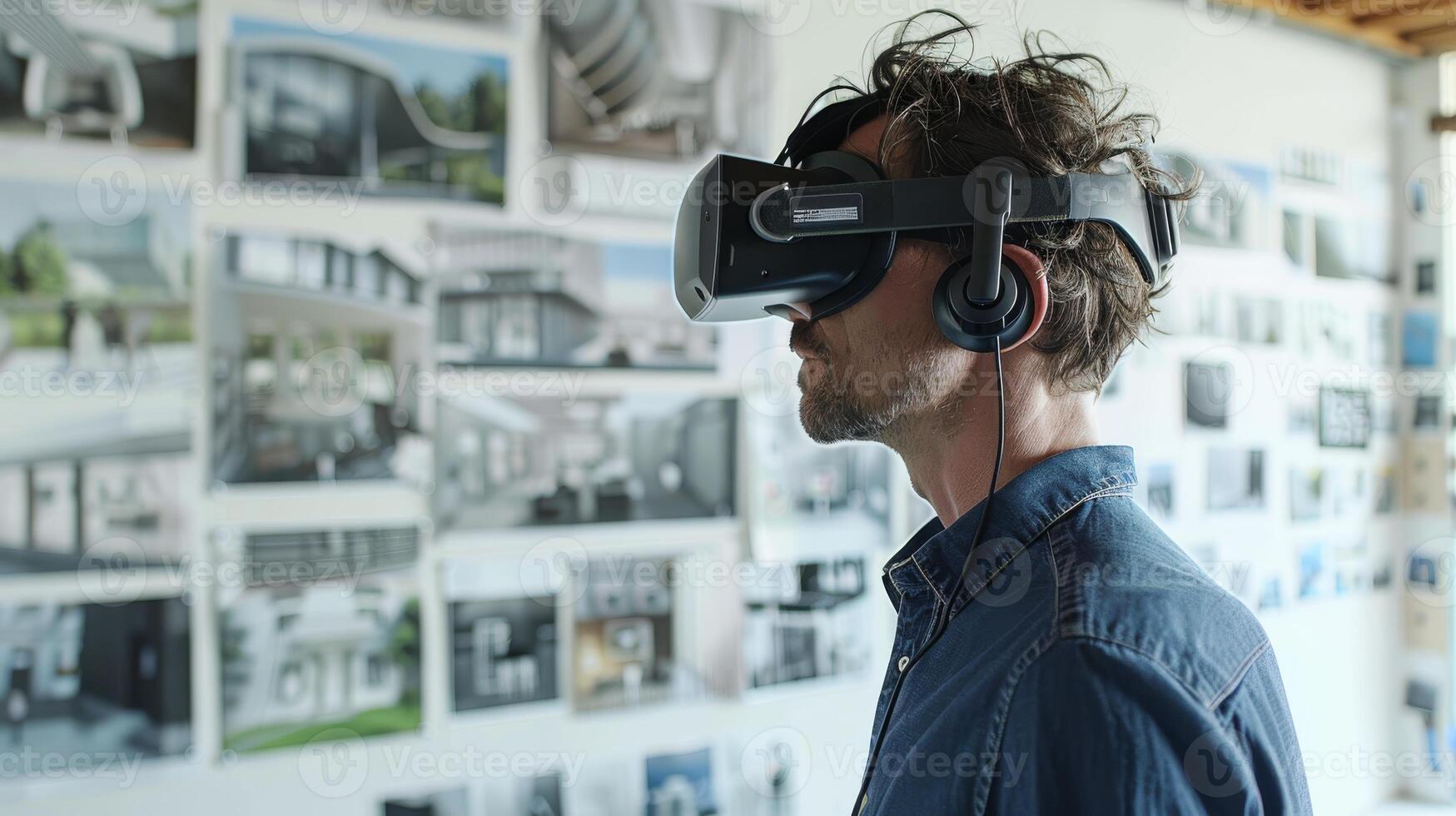 Architect using VR headset to explore and modify interior design elements of a building photo