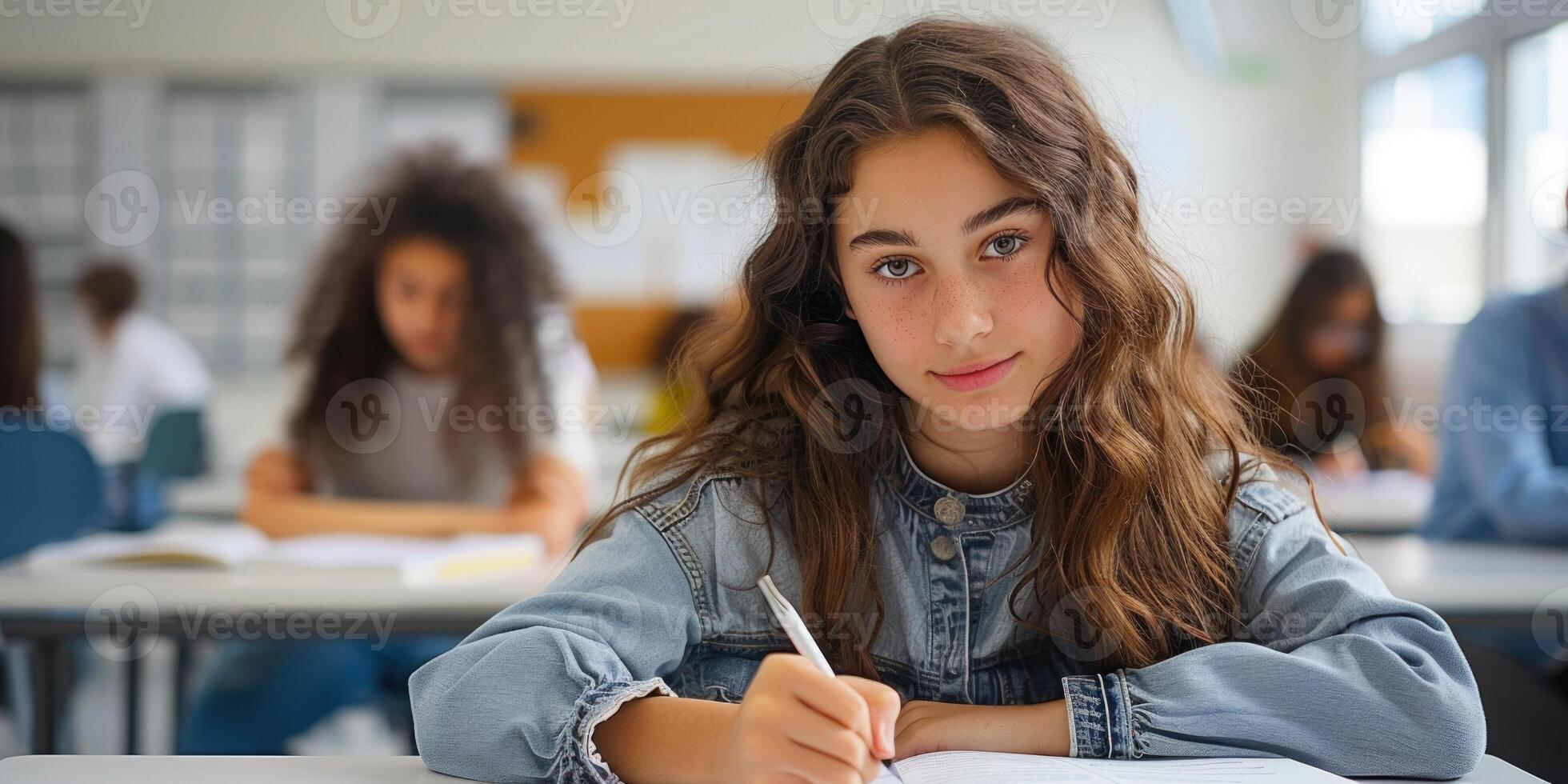 teen girl writing exam in the classroom. photo