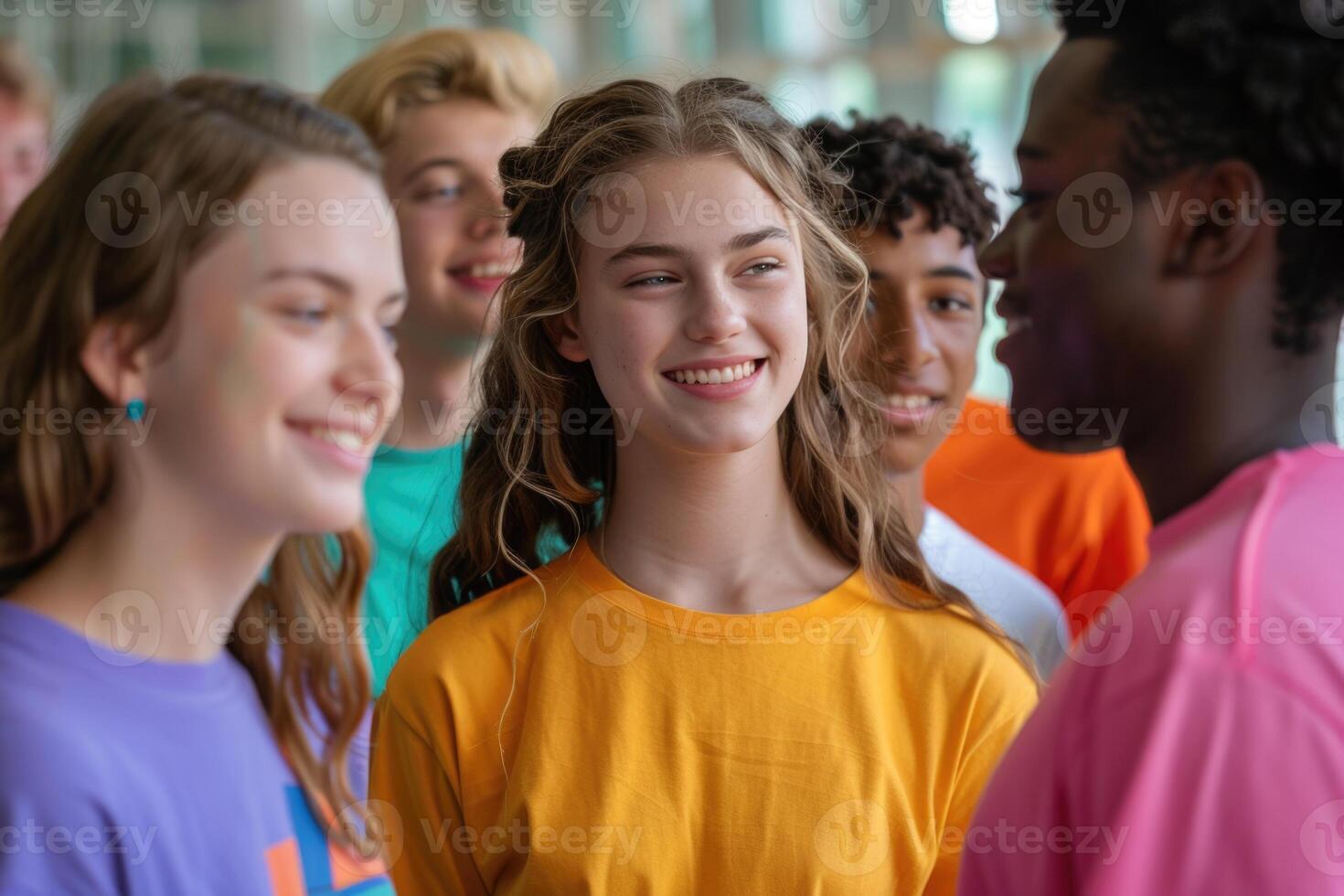group of students discussing study standing in classroom. photo