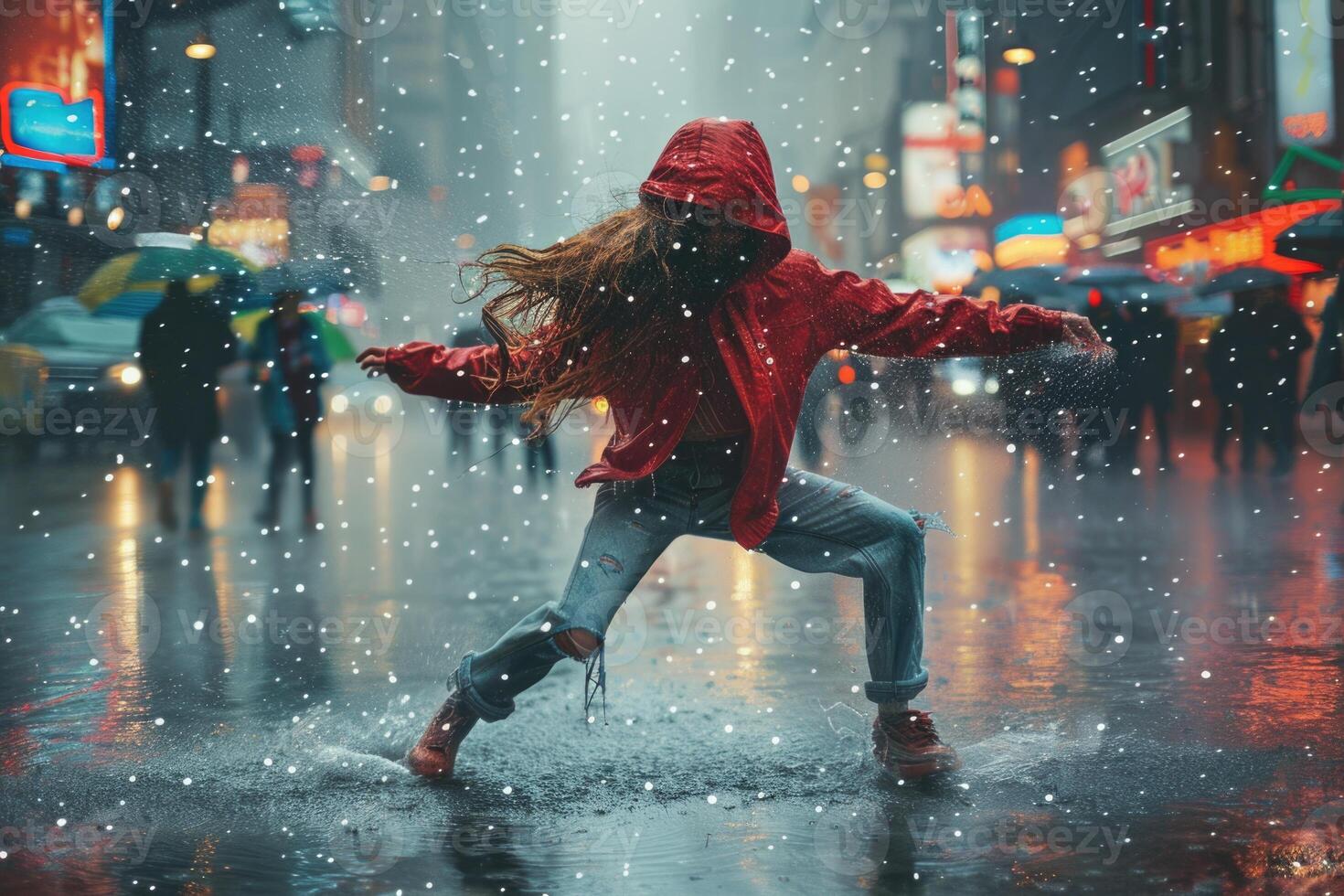 woman dancing hip hop in rain, sportive movements. photo