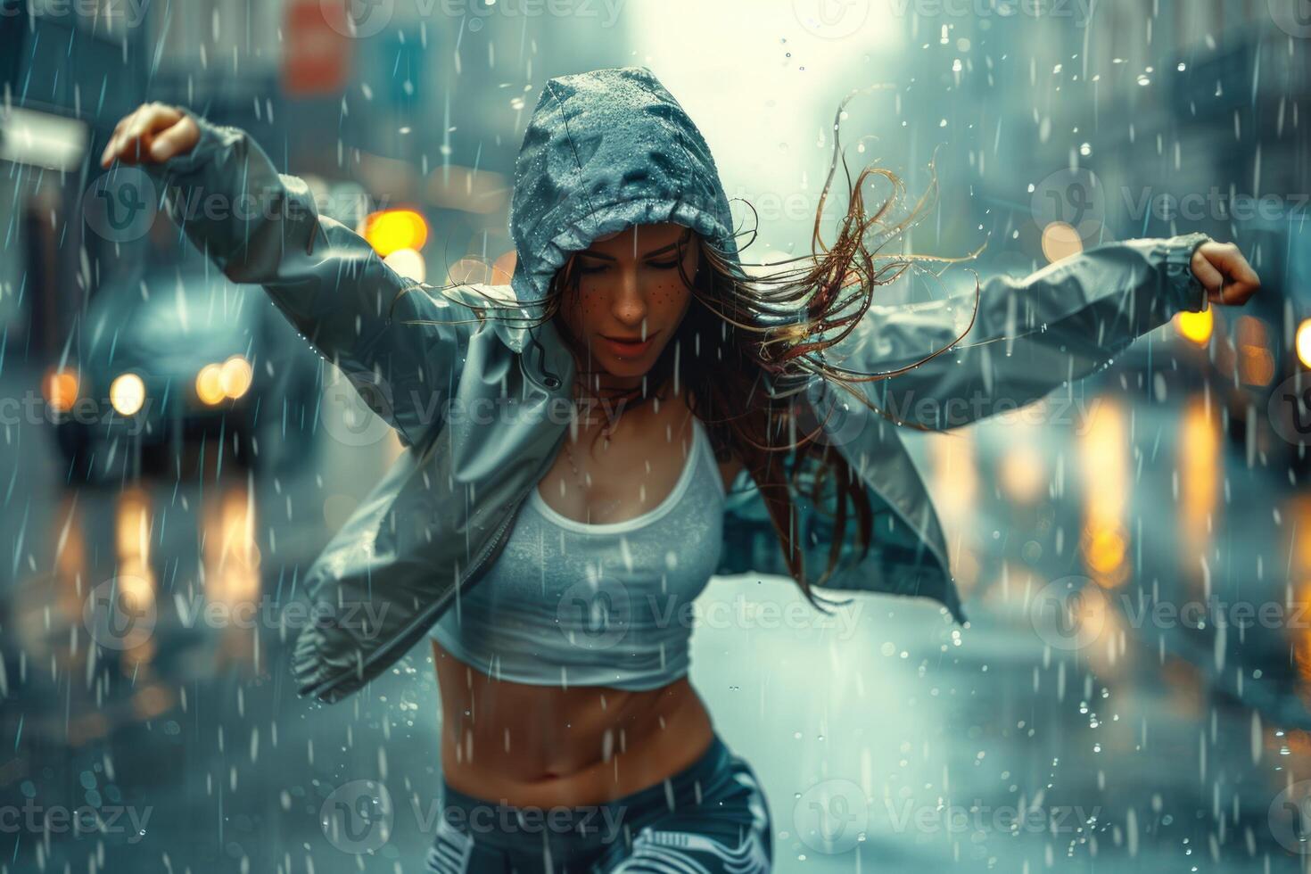 woman dancing hip hop in rain, sportive movements. photo