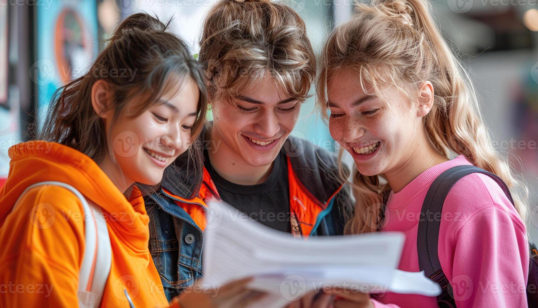 group of 3 smiling teenage students wearing bright clothes looking at the documents standing in classroom. photo